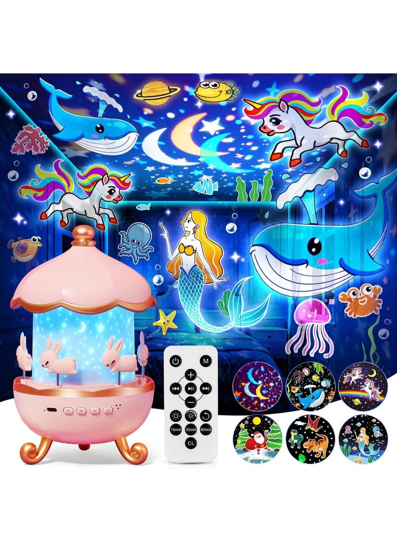 Bunny's Carousel Night Light Projector Starry Light,10 Tracks Kids Night Light, 360 Rotation 12 Colors Music Projector,Remote Control Galaxy LED Projector with 6 Film,Decorative Lamp for Girls Room - Image 1