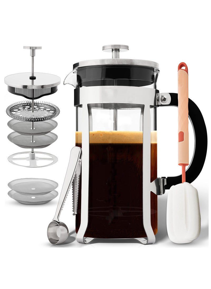 Generic 1000ML French Press Coffee Maker -Large, Borosilicate Glass Carafe, Brews Fresh Coffee, Coffee Press Cold Brew or Tea without Grounds - Makes 4 Cups  Includes Measuring Spoon & Cleaning Brush  - Image 1