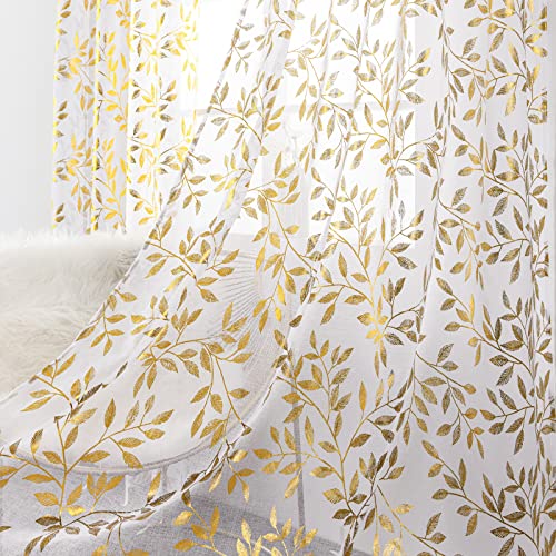 Deeprove Sheer Curtains 84 Inch Length 2 Panels Set Gold Foil Metallic Leaves Print Window Treatments for Bedroom Tropical Bronzing Privacy Semi Sheer Drapes Pair Rod Pocket 52 W x 84 L White
