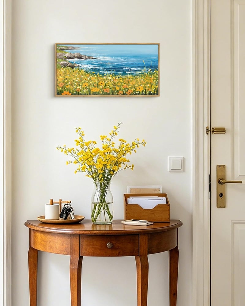 KUVIOKE Vintage Landscape Framed Wall Art Coastal Yellow Wildflower Field Wall Prints Classic Retro Farmhouse Rustic Decorations for Living Room Bedroom 8x16in (Natural Framed) - Image 1