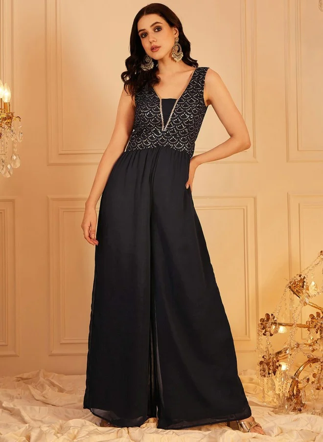 Indo Street Navy Blue Self Design Sleeveless Jumpsuit for Women