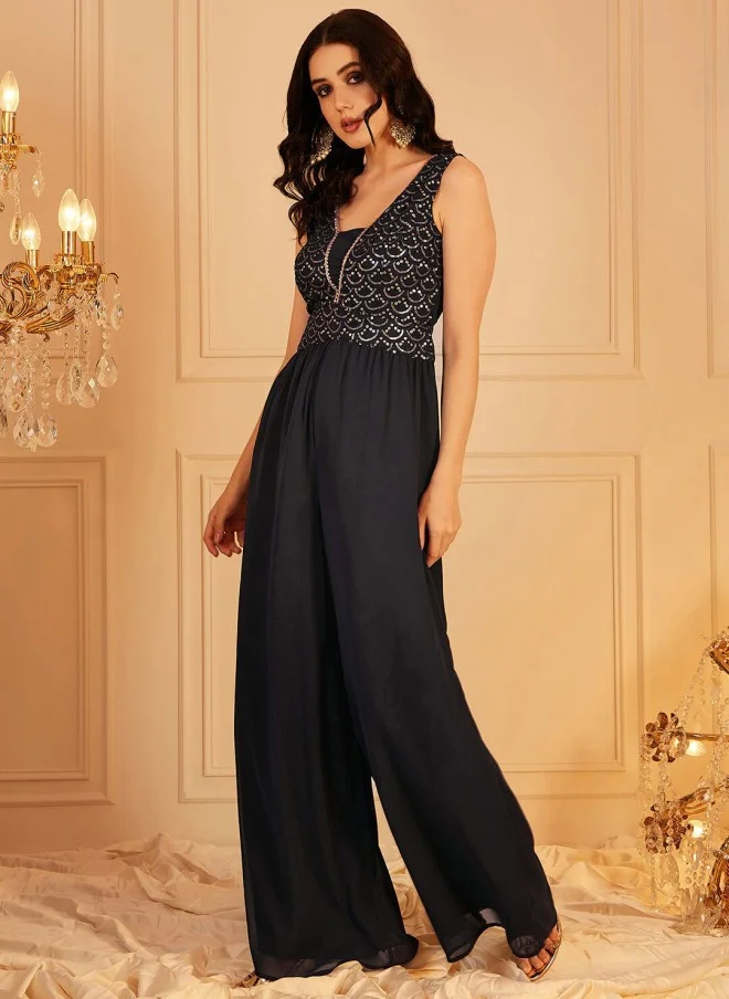 Indo Street Navy Blue Self Design Sleeveless Jumpsuit for Women