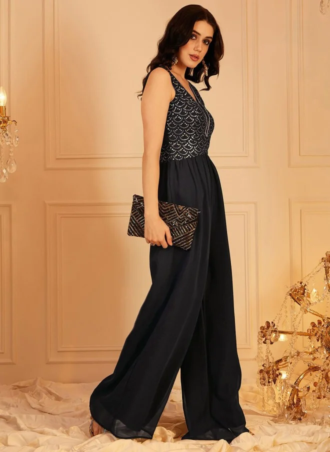 Indo Street Navy Blue Self Design Sleeveless Jumpsuit for Women