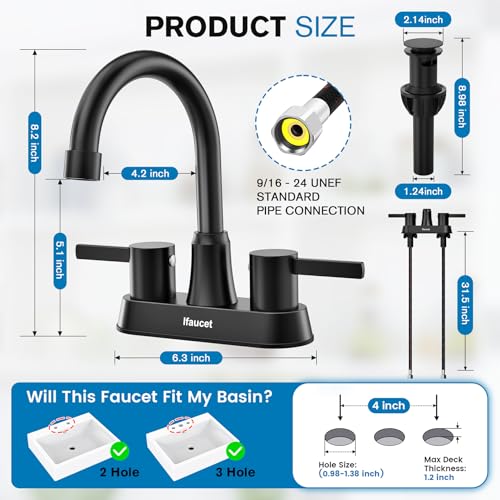 Ifaucet Black Bathroom Faucet 3 Hole, Bathroom Faucets for Sink 3 Hole, Bathroom Sink Faucet, 4 Inch 2 Handle Centerset, Lead-Free, with Copper Pop Up Drain (Matte Black) - Image 2
