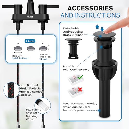 Ifaucet Black Bathroom Faucet 3 Hole, Bathroom Faucets for Sink 3 Hole, Bathroom Sink Faucet, 4 Inch 2 Handle Centerset, Lead-Free, with Copper Pop Up Drain (Matte Black) - Image 4