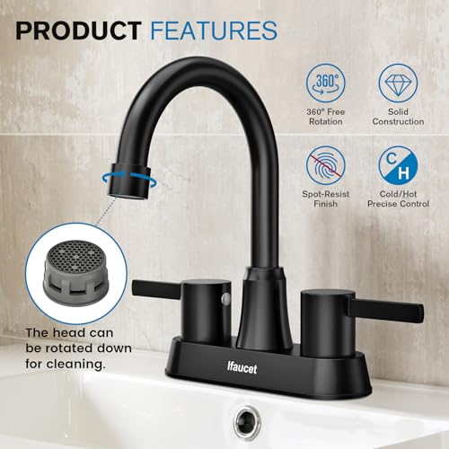 Ifaucet Black Bathroom Faucet 3 Hole, Bathroom Faucets for Sink 3 Hole, Bathroom Sink Faucet, 4 Inch 2 Handle Centerset, Lead-Free, with Copper Pop Up Drain (Matte Black) - Image 3