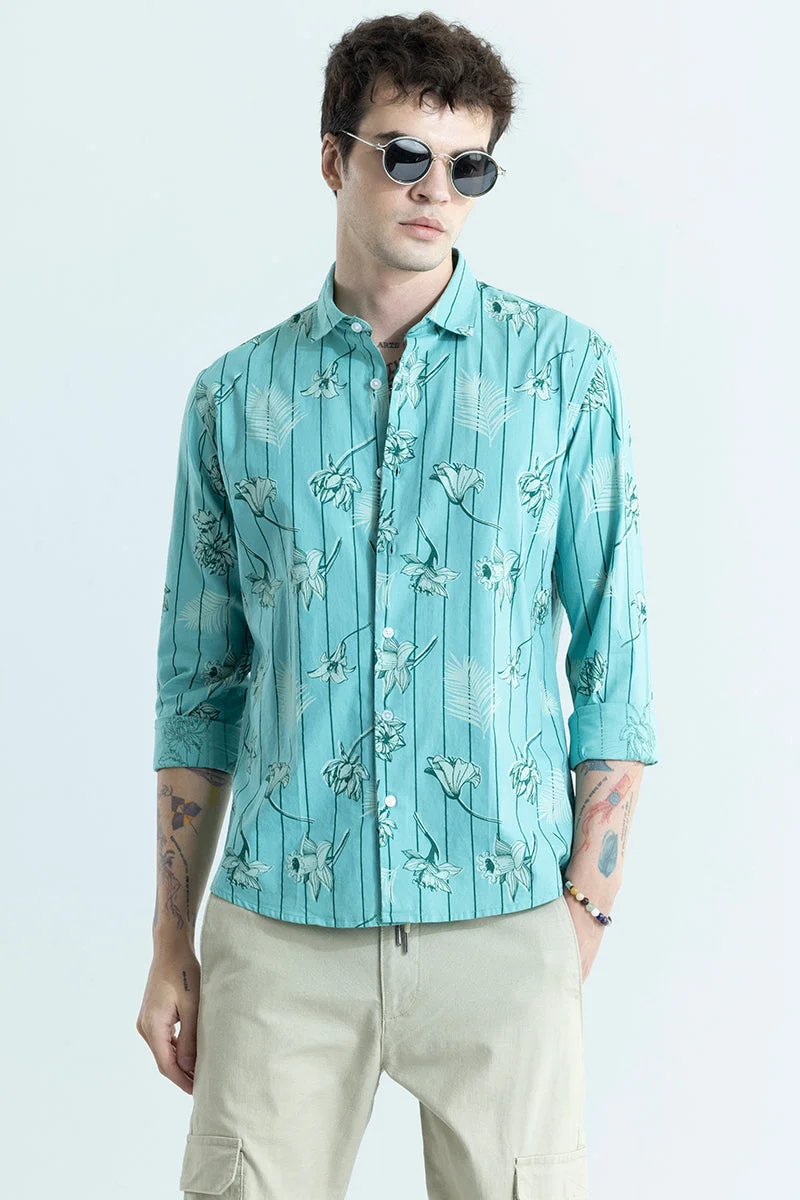 سنيتش Turquoise Floral Long Sleeve Slim Fit Casual Shirt