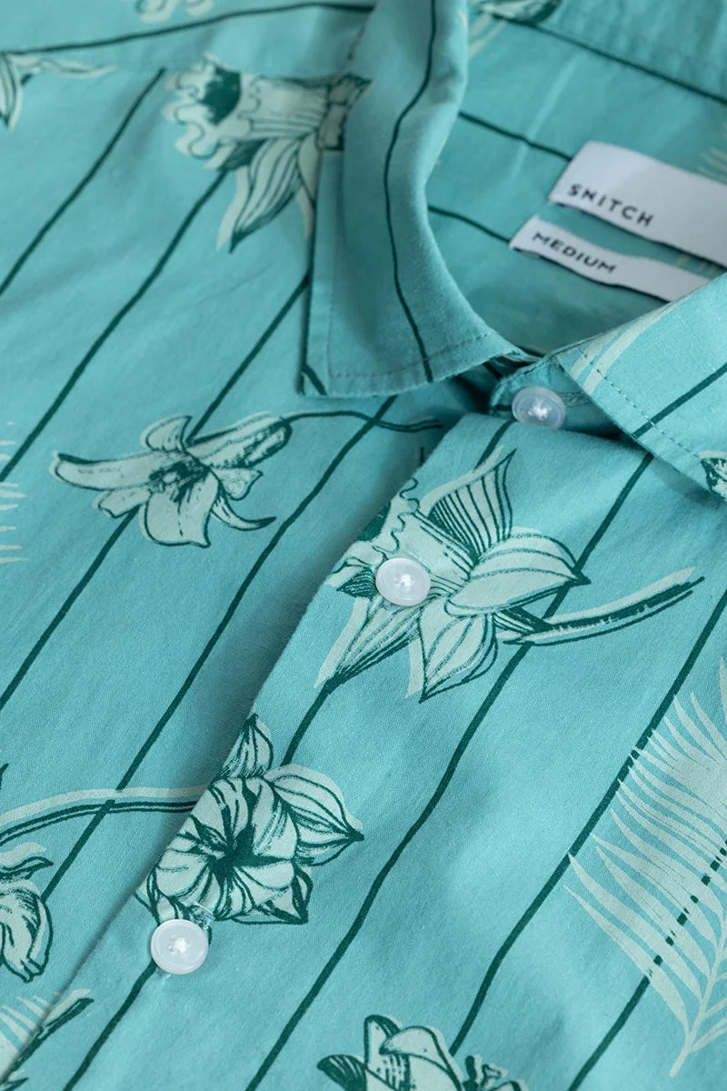 سنيتش Turquoise Floral Long Sleeve Slim Fit Casual Shirt