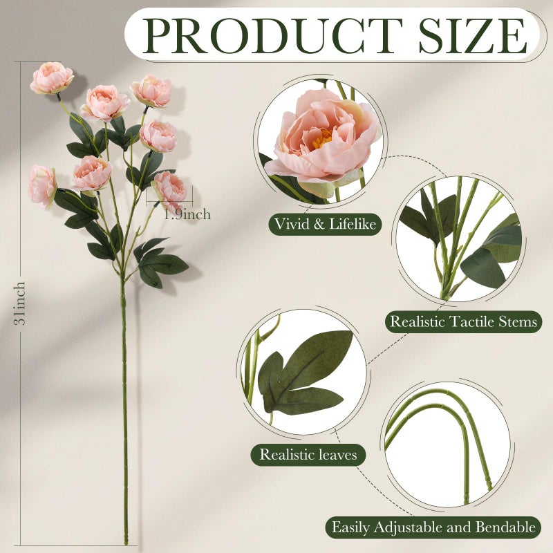 Craftsatin 6 Pack 32" Artificial Peonies Flowers for Vase(Vase Not Included)-6 Stems Faux Peony with 42 Silk Heads, Fake Long Stem Flowers for DIY Bouquets Wedding Centerpieces Home Decor(Pink) - Image 3