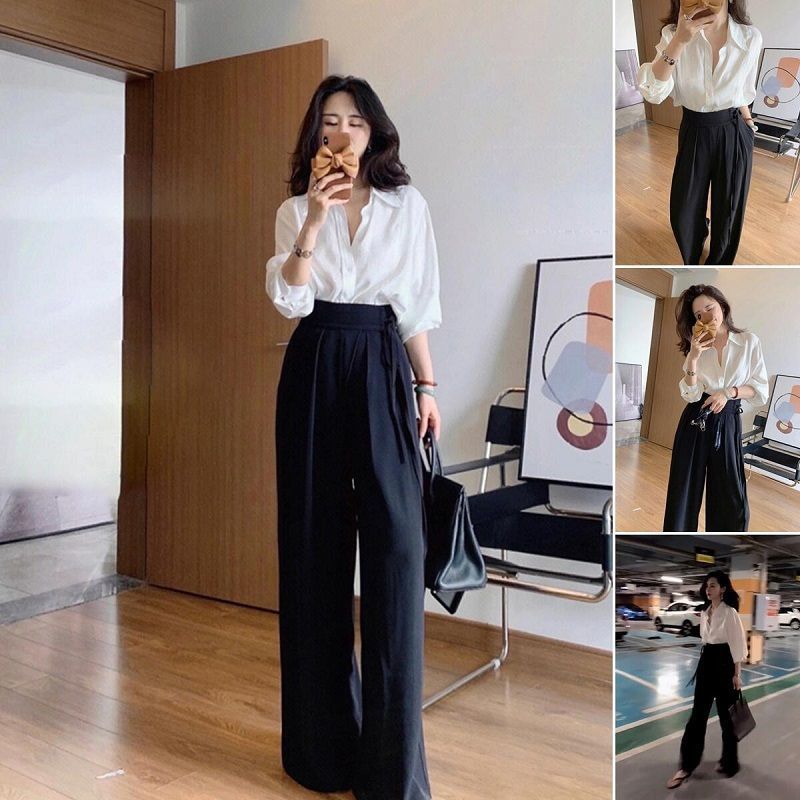 Elegant Autumn Goddess Chic Shirt Wide-Leg Pants Set Shirt + wide-leg pants 【two-piece set】