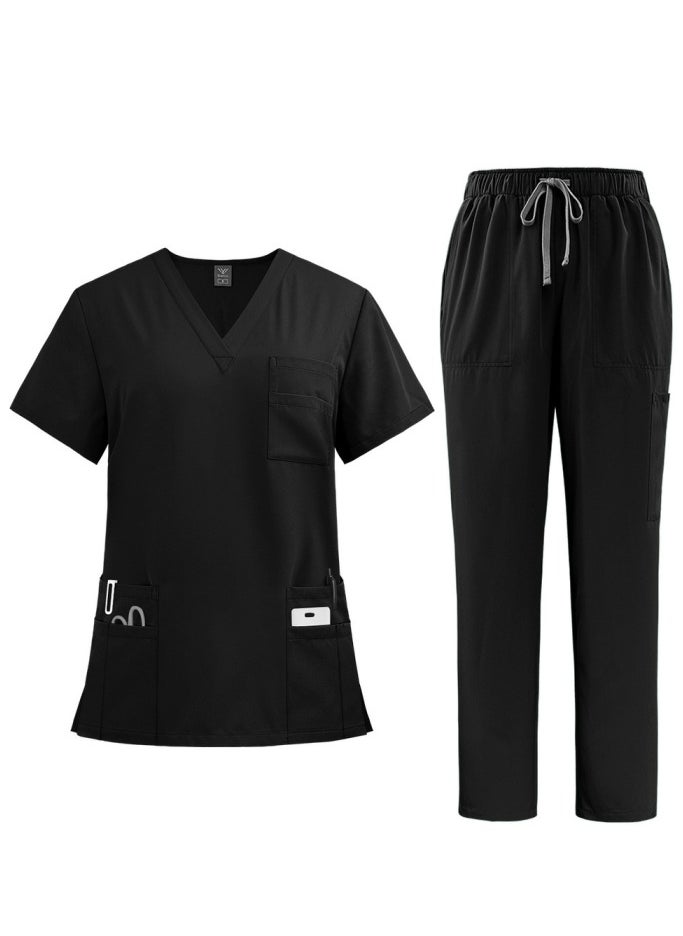 Loquat Medical Uniform Scrubs Set Medical Scrubs 2 Piece Set Top and Pants Suit With Pockets Black 