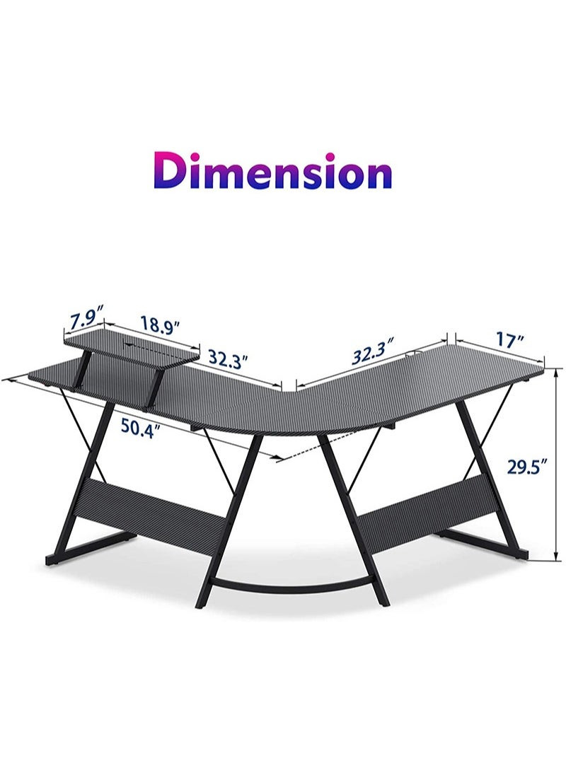 DINGDINGTZ - L Shaped Gaming Desk 130cm L Shaped Desk, Carbon Fiber Coated, Computer Corner Desk with Large Monitor Riser Stand for Home Office, Sturdy Writing Workstation, Gaming Desk with Shelf, Black - Image 1
