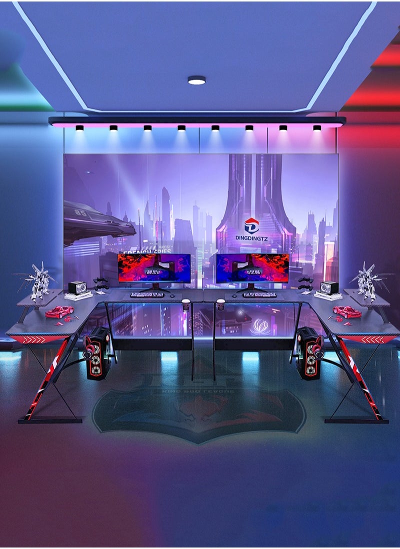 DINGDINGTZ - L Shaped Gaming Desk 130cm L Shaped Desk, Carbon Fiber Coated, Computer Corner Desk with Large Monitor Riser Stand for Home Office, Sturdy Writing Workstation, Gaming Desk with Shelf, Black - Image 1