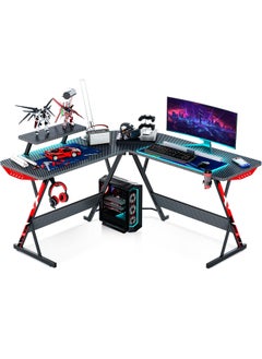 L Shaped Gaming Desk 130cm L Shaped Desk, Carbon Fiber Coated, Computer Corner Desk with Large Monitor Riser Stand for Home Office, Sturdy Writing Workstation, Gaming Desk with Shelf, Black