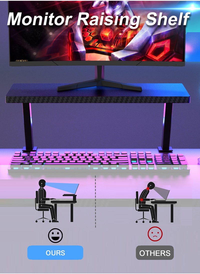 DINGDINGTZ - L Shaped Gaming Desk 130cm L Shaped Desk, Carbon Fiber Coated, Computer Corner Desk with Large Monitor Riser Stand for Home Office, Sturdy Writing Workstation, Gaming Desk with Shelf, Black - Image 1