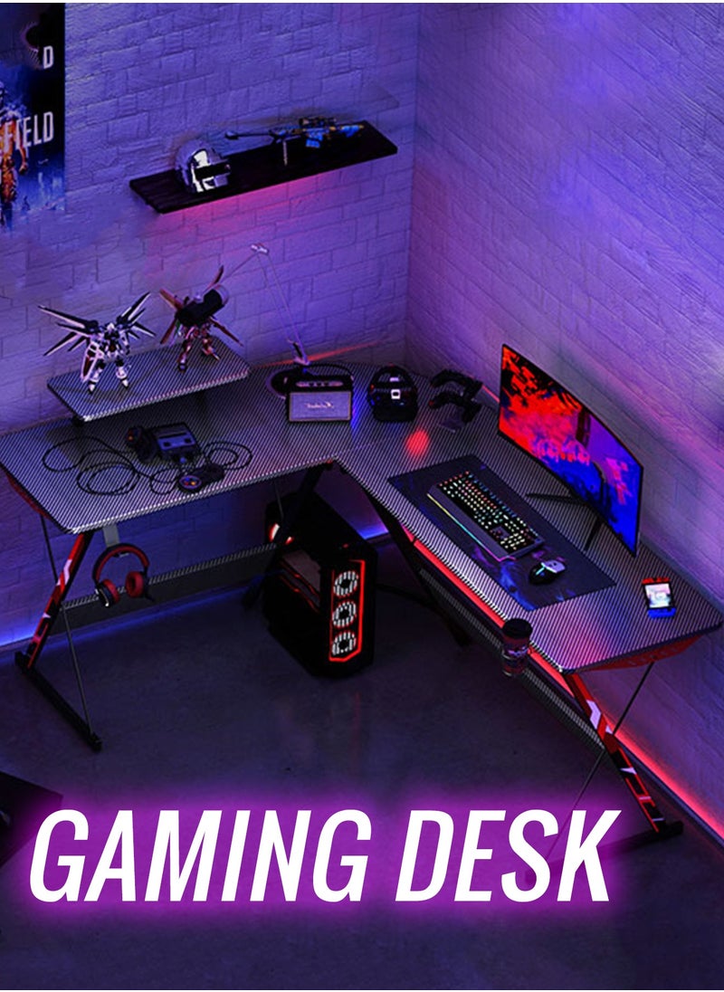 DINGDINGTZ - L Shaped Gaming Desk 130cm L Shaped Desk, Carbon Fiber Coated, Computer Corner Desk with Large Monitor Riser Stand for Home Office, Sturdy Writing Workstation, Gaming Desk with Shelf, Black - Image 1