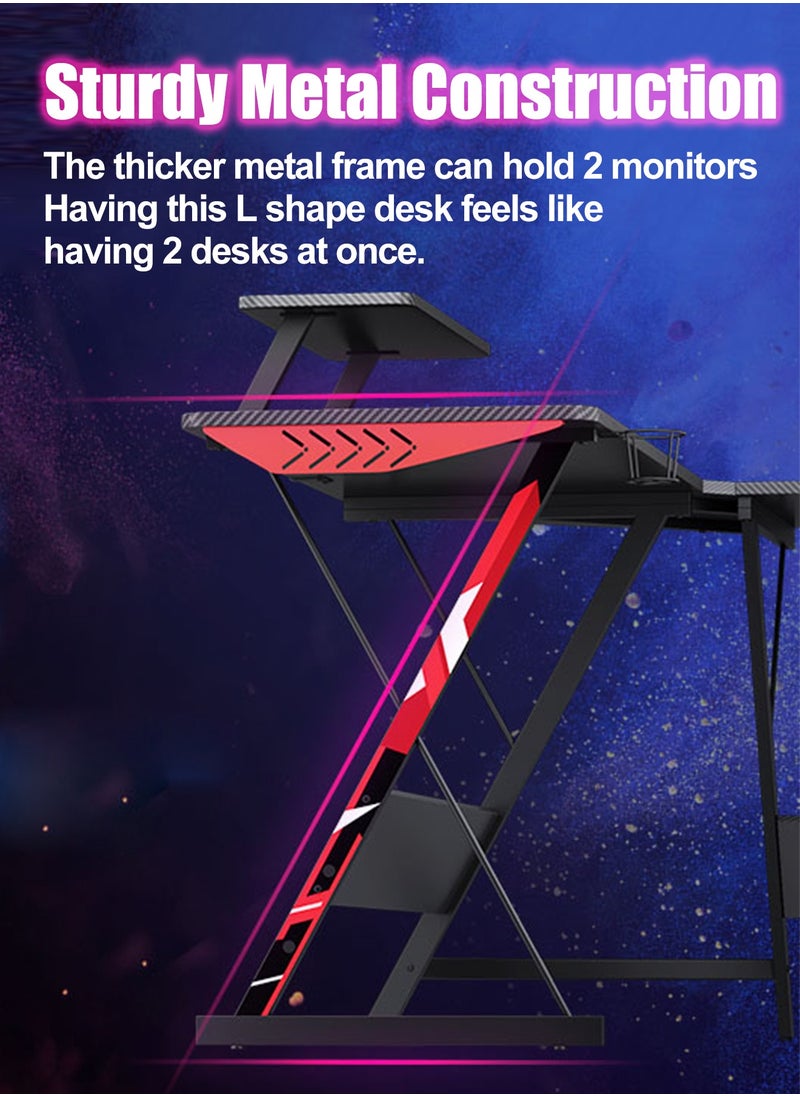 DINGDINGTZ - L Shaped Gaming Desk 130cm L Shaped Desk, Carbon Fiber Coated, Computer Corner Desk with Large Monitor Riser Stand for Home Office, Sturdy Writing Workstation, Gaming Desk with Shelf, Black - Image 1