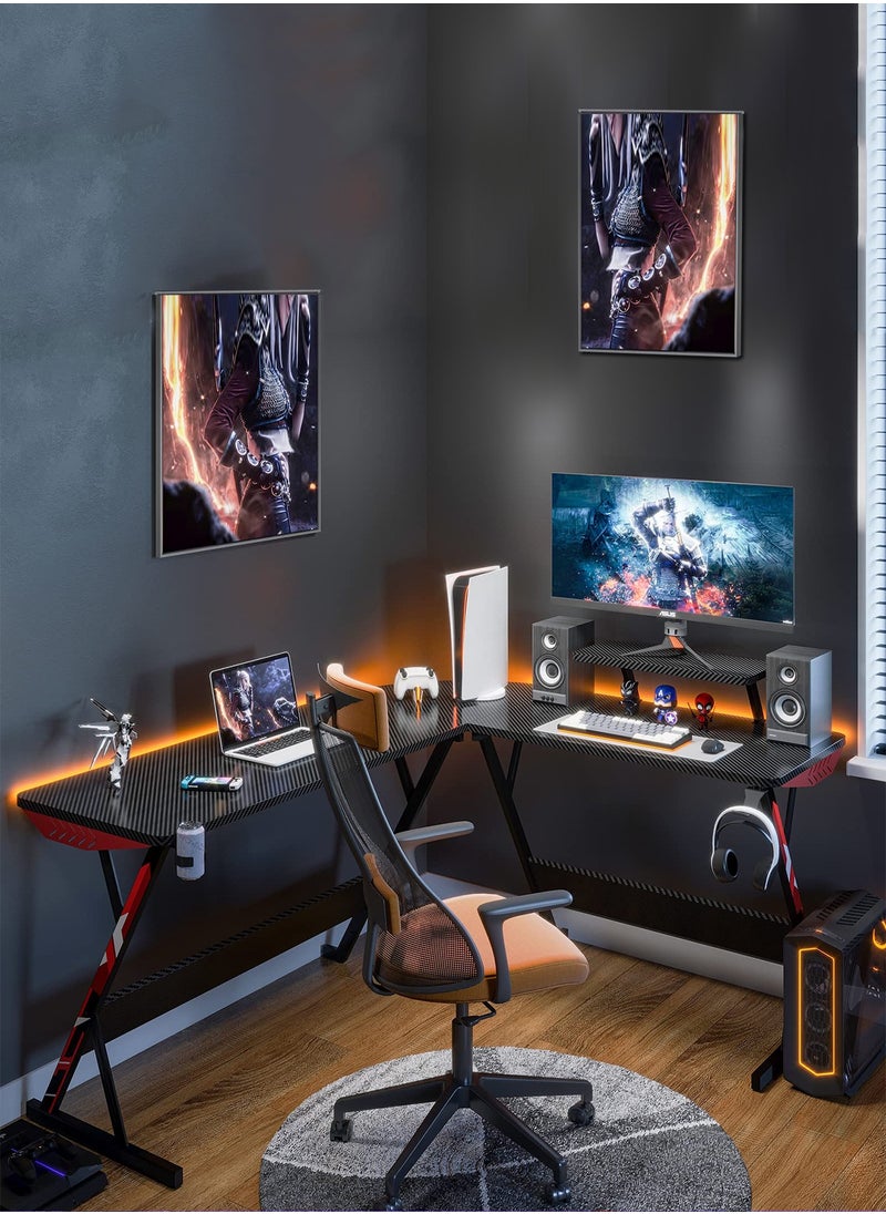 DINGDINGTZ - L Shaped Gaming Desk 130cm L Shaped Desk, Carbon Fiber Coated, Computer Corner Desk with Large Monitor Riser Stand for Home Office, Sturdy Writing Workstation, Gaming Desk with Shelf, Black - Image 1