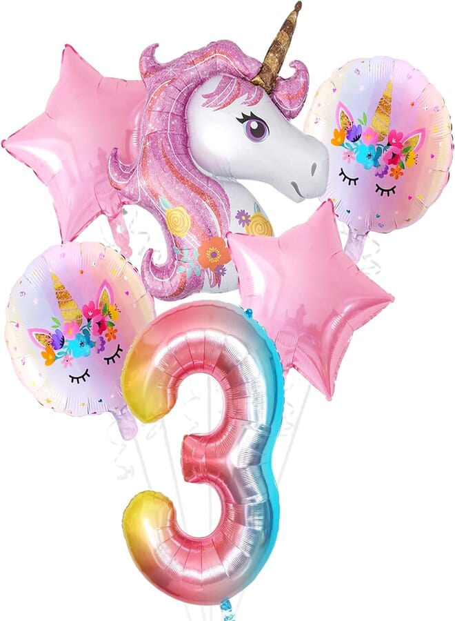 KATCHON Pink Unicorn 3rd Birthday Decorations Set - Large, Pack of 6 I Rainbow Number 3 Foil Balloon I Star and Round Mylar Balloons I Unicorn Theme Birthday Decorations I Unicorn Decorations Party Supplies
