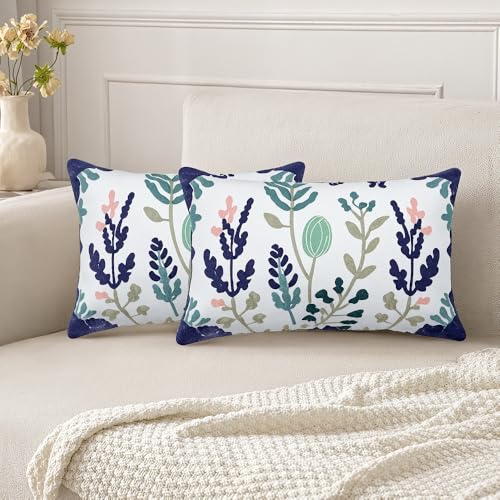 KITTMIN Green and Blue Throw Pillow Covers,12x20 Floral Embroidered Farmhouse Decor Lumbar Pillows, Set of 2 Cozy Boho Accent Cushion Case for Couch & Sofa, Home Decorative Pillow Cases for Bed Room - Image 4