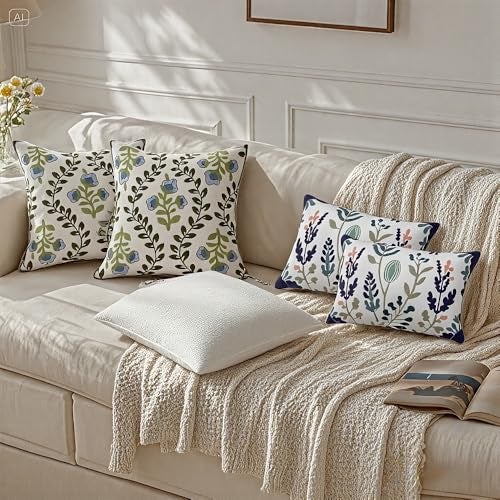 KITTMIN Green and Blue Throw Pillow Covers,12x20 Floral Embroidered Farmhouse Decor Lumbar Pillows, Set of 2 Cozy Boho Accent Cushion Case for Couch & Sofa, Home Decorative Pillow Cases for Bed Room - Image 5