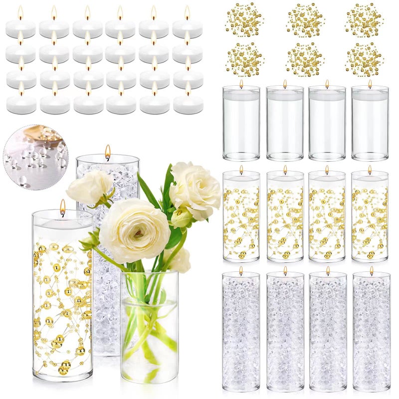 UDU 12 Set Glass Cylinder Vases for Centerpieces with 80000 Vase Filler 24 White Floating Candles 6 Pearl String for Wedding Party Home Table Decoration