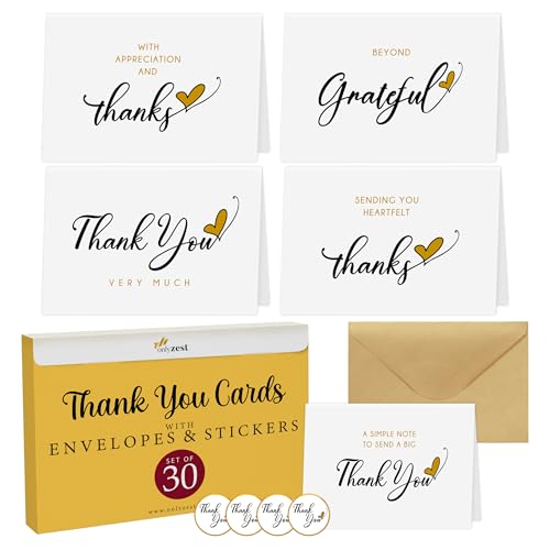 Only Zest Bulk Thank You Cards with Envelopes Set and Stickers - 30 Pack, 6 x 4 in Blank Simple Thank You Notes - Minimalist Box for Weddings, Baby Showers, Birthdays, Small Businesses - Image 1
