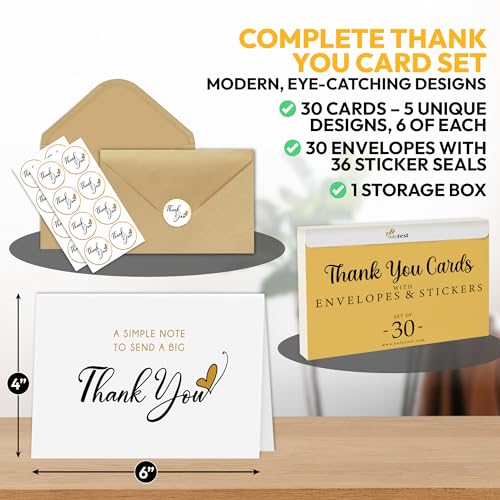 Only Zest Bulk Thank You Cards with Envelopes Set and Stickers - 30 Pack, 6 x 4 in Blank Simple Thank You Notes - Minimalist Box for Weddings, Baby Showers, Birthdays, Small Businesses - Image 3