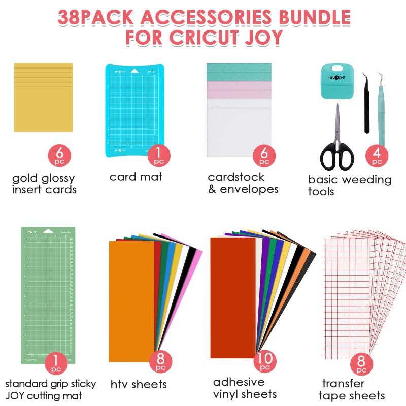 HTVRONT 38PCS Accessories Bundle Compatible with Cricut Joy, Accessories and Supplies Include Heat Transfer, Adhesive Vinyl Sheets, Insert Cards Set, Cutting Mat and Weeding Tools for Starter Kit - Image 3