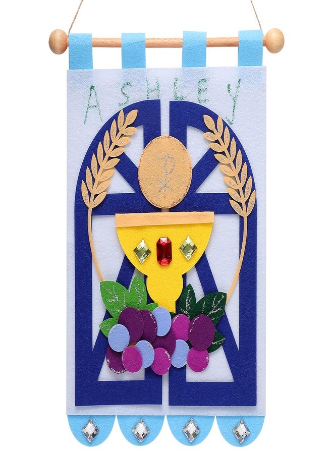 Mindsoft First Communion Banner Kit Catholic Craft Pack Banner Decorating Kit with Felt Pieces Glitter Pens Glue Gems DIY Sunday Church Activity for Baptism Party Decoration(Blue) - Image 1