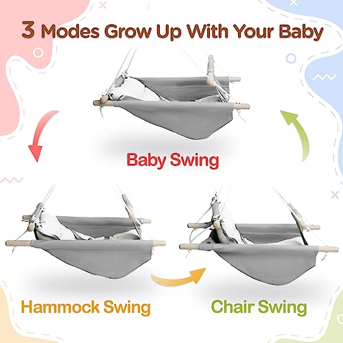 gladswing Baby Swing Indoor and Outdoor, Canvas Hammock Swing for Baby to Toddler with a Comfortable Seat, Macaroon Wooden Toy, Adjustable 5-Point Harness,3 Modes,Gift for Baby Boys Girls, Grey&White - Image 2