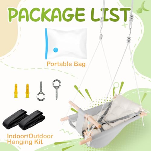 gladswing Baby Swing Indoor and Outdoor, Canvas Hammock Swing for Baby to Toddler with a Comfortable Seat, Macaroon Wooden Toy, Adjustable 5-Point Harness,3 Modes,Gift for Baby Boys Girls, Grey&White - Image 4