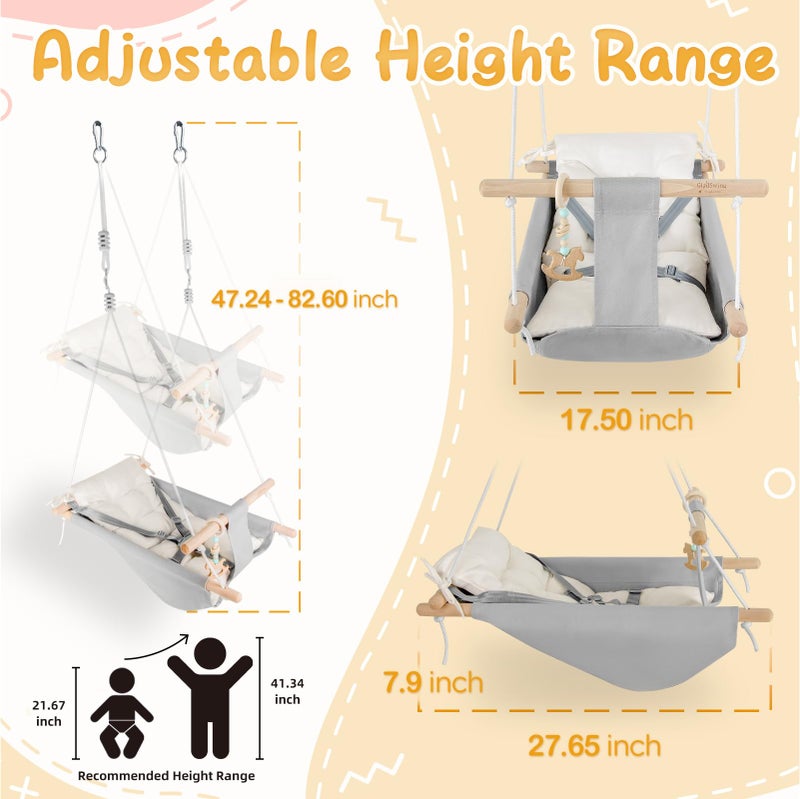 gladswing Baby Swing Indoor and Outdoor, Canvas Hammock Swing for Baby to Toddler with a Comfortable Seat, Macaroon Wooden Toy, Adjustable 5-Point Harness,3 Modes,Gift for Baby Boys Girls, Grey&White - Image 5