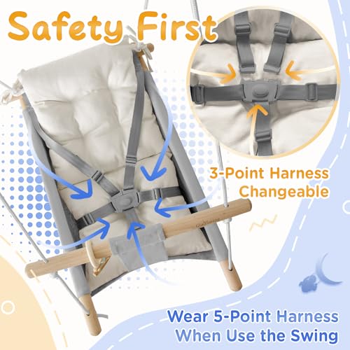 gladswing Baby Swing Indoor and Outdoor, Canvas Hammock Swing for Baby to Toddler with a Comfortable Seat, Macaroon Wooden Toy, Adjustable 5-Point Harness,3 Modes,Gift for Baby Boys Girls, Grey&White - Image 3