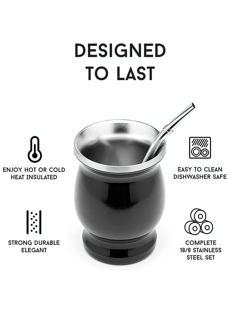 واي آند دي Yerba Mate Tea Cup, Stainless Steel Double Walled Easy Wash Household Insulation Gourds for Loose Leaf Drinking with Bombilla Straw, Black, 230 Ml - Image 4