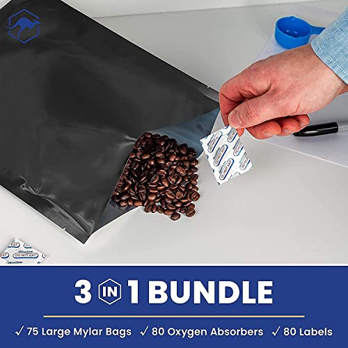 Wallaby 75 Count 1-Gallon Mylar Bags with 400cc Oxygen Absorbers, 10 Mil Total Thickness Long-Term Food Storage Pouches, 10x14 Heat-Sealable Airtight Packaging - Matte Black - Image 2