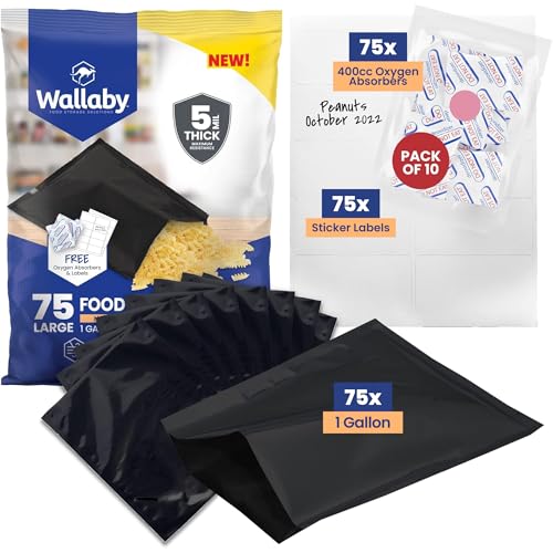 Wallaby 75 Count 1-Gallon Mylar Bags with 400cc Oxygen Absorbers, 10 Mil Total Thickness Long-Term Food Storage Pouches, 10x14 Heat-Sealable Airtight Packaging - Matte Black - Image 1