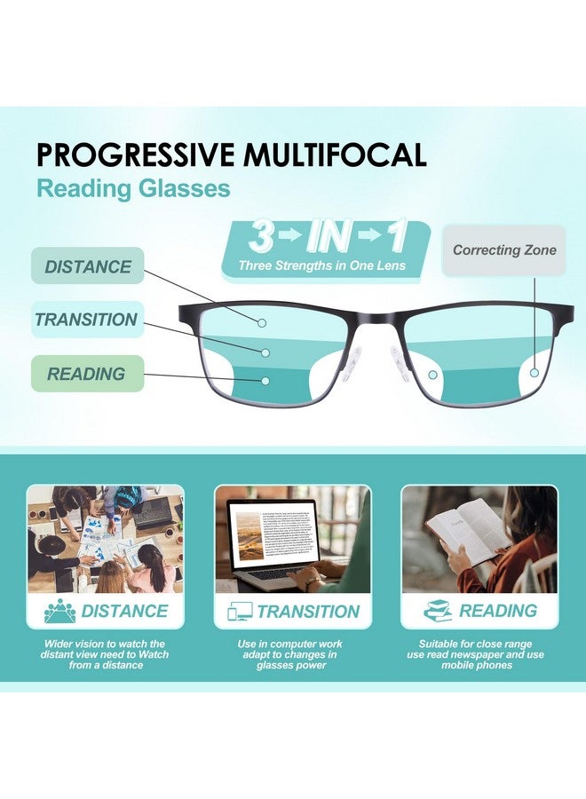 OKH 3 Pack Progressive Multifocus Reading Glasses Men Blue Light Blocking Multifocal Readers W/Spring Hinge Noline Eyeglasses+200 - Image 2