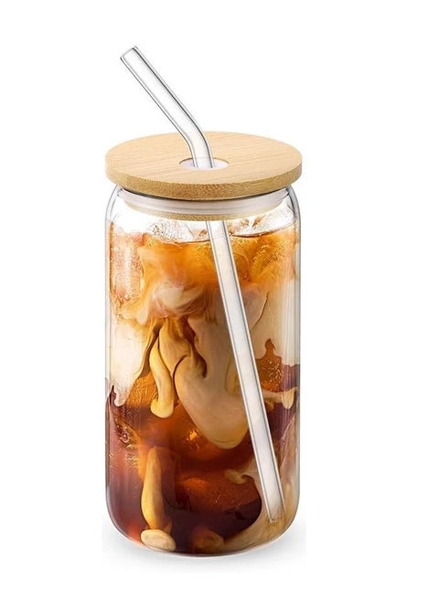 Transparent Cup With Bamboo Lid, Glass Straw and Cleaning Brush
