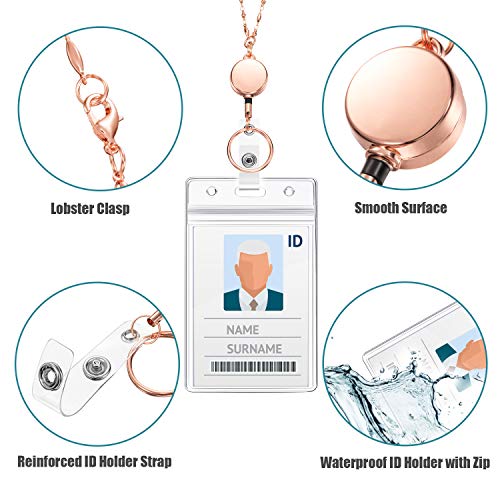 Zonon Retractable Badge Reel Lanyard with ID Holder for Women, Cruise Lanyard Stainless Steel Necklace with 3 Pieces Name Badge Holder Clip for Teacher(Rose Gold) - Image 3