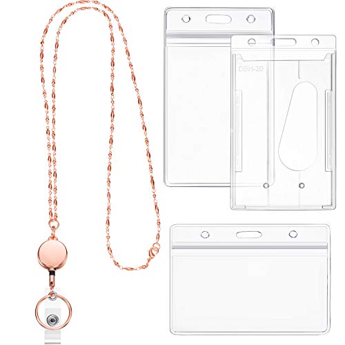 Zonon Retractable Badge Reel Lanyard with ID Holder for Women, Cruise Lanyard Stainless Steel Necklace with 3 Pieces Name Badge Holder Clip for Teacher(Rose Gold) - Image 1