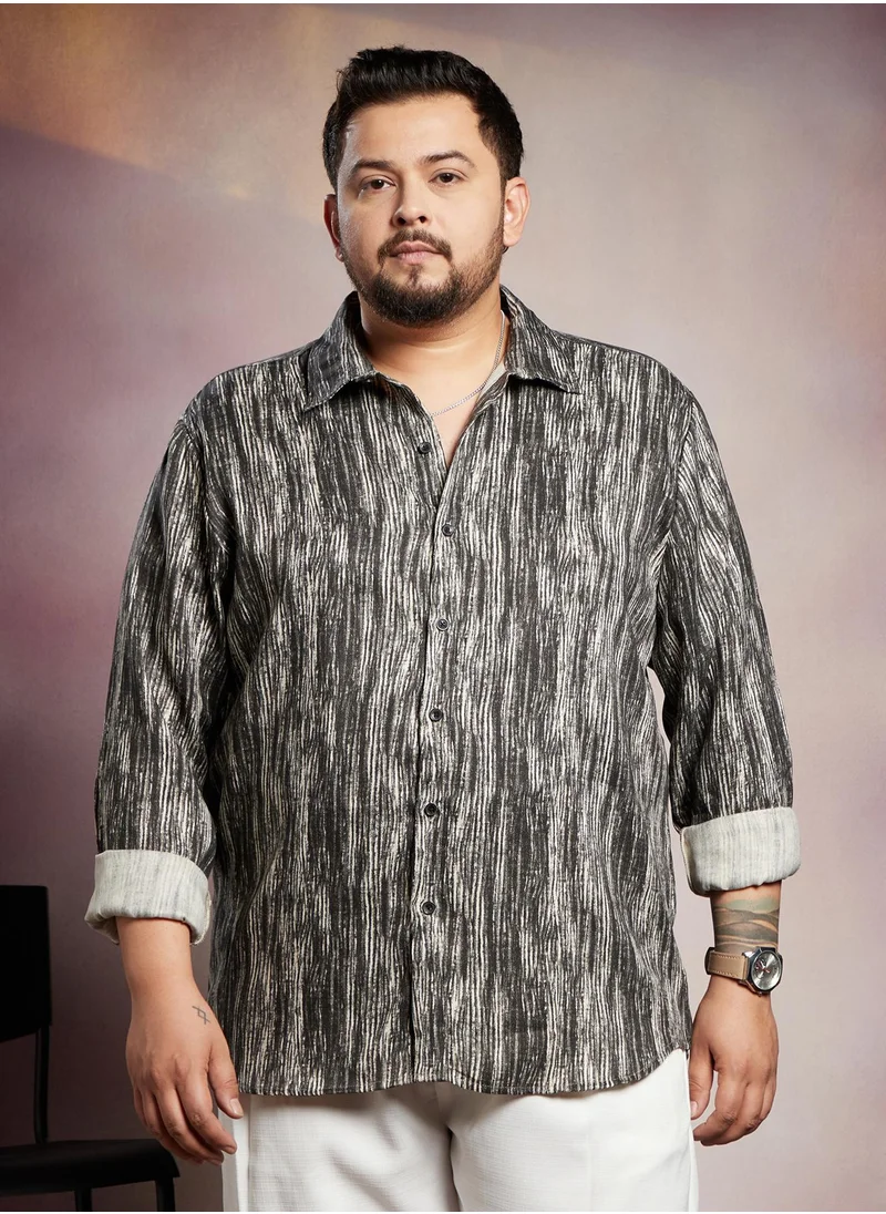 انستافاب بلس Instafab Plus Men's Black & White Distortion-Weave Shirt For Casual Wear | Spread Collar | Long Cuffed Sleeves | Button Closure | Plus Size Shirt Crafted With Comfort Fit For Everyday Wear