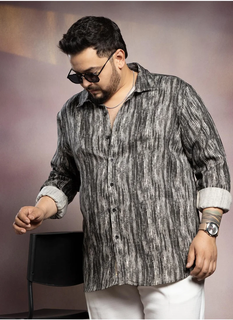 انستافاب بلس Instafab Plus Men's Black & White Distortion-Weave Shirt For Casual Wear | Spread Collar | Long Cuffed Sleeves | Button Closure | Plus Size Shirt Crafted With Comfort Fit For Everyday Wear