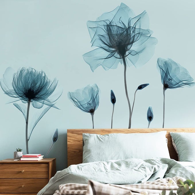 BLUE FLOWER WALL DECALS PEEL AND STICK REMOVABLE DECALS DIY WALL ART MURALS HOME DECOR FOR BEDROOM LIVING ROOM CLASSROOM OFFICE