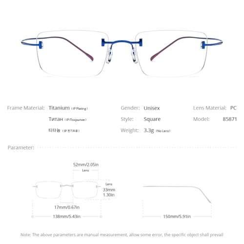 FONEX Titanium Glasses Frame,Rimless Frameless Optical Eyewear Eyeglasses for Men and Women F85634 (85871 Blue Pink) - Image 5