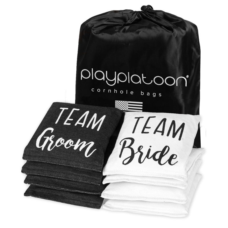 Play Platoon Weather Resistant Cornhole Bags  Set of 8 Regulation Corn Hole  Team Bride  Team Groom Wedding Theme  Durable Duck Cloth Corn Hole for Tossing Game Includes Tote Bag