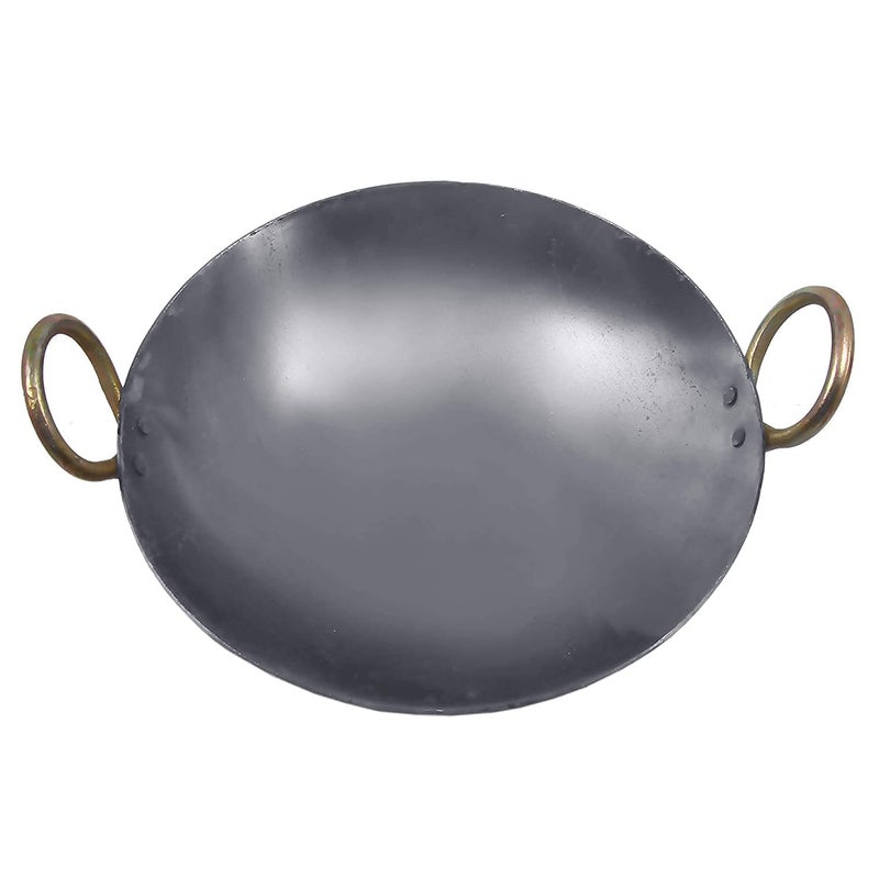 Damurhu Iron Deep Kadai Frying Pan Cooking Multipurpose Use Fry Heavy Base Kadhai Handmade with Handle Golden Rings Silver Color Size 11 - Image 1