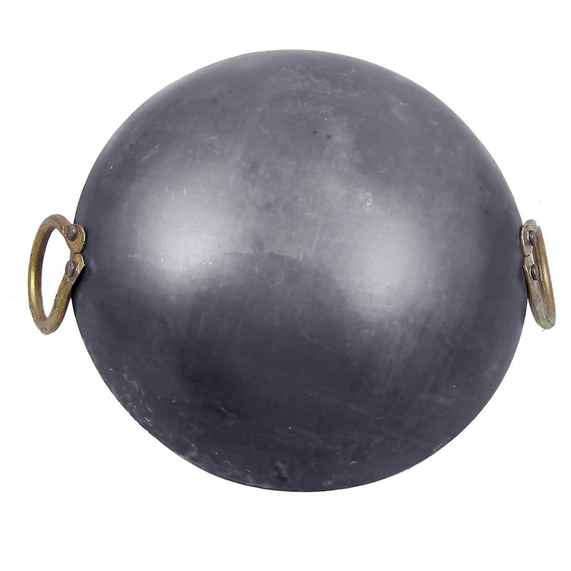 Damurhu Iron Deep Kadai Frying Pan Cooking Multipurpose Use Fry Heavy Base Kadhai Handmade with Handle Golden Rings Silver Color Size 11 - Image 4