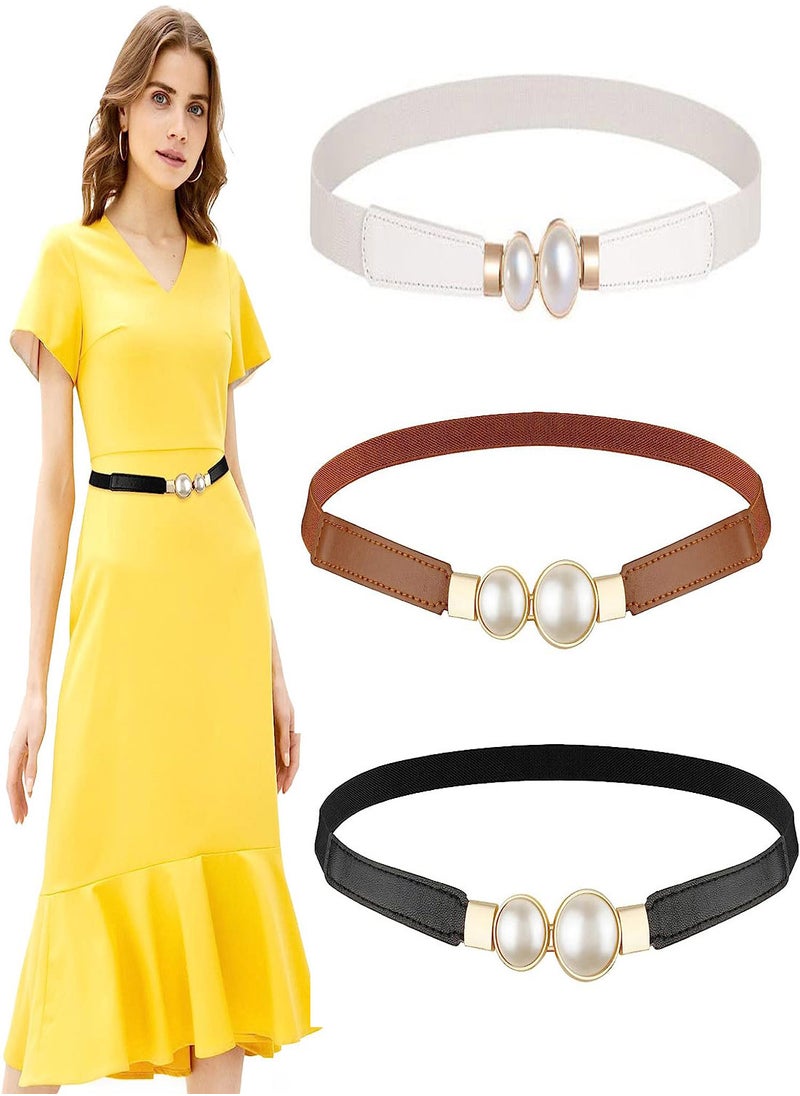 KASTWAVE - Women Skinny Elastic Waist Belt Fashion Ladies Stretchy Pearl Belt Thin Belt for Dresses 3pcs Fashion Simple Style Creative Pearl Buckle Elastic Elastic Belt - Image 1