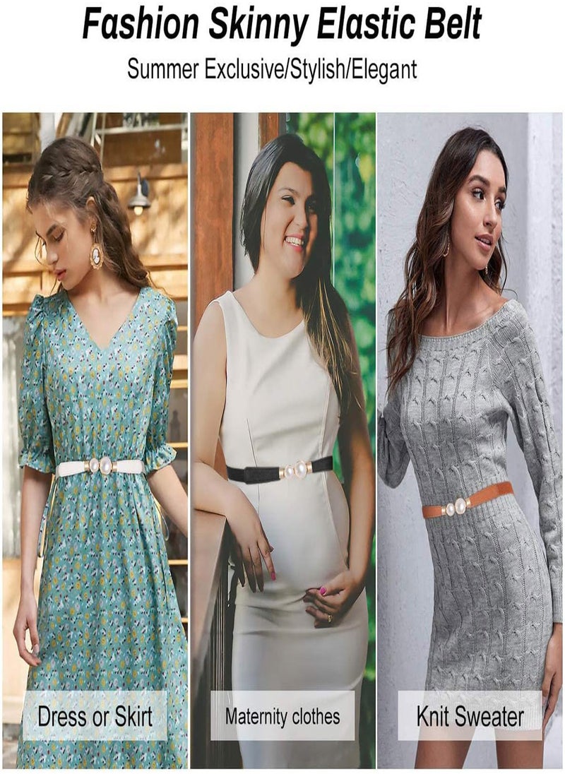 KASTWAVE - Women Skinny Elastic Waist Belt Fashion Ladies Stretchy Pearl Belt Thin Belt for Dresses 3pcs Fashion Simple Style Creative Pearl Buckle Elastic Elastic Belt - Image 1